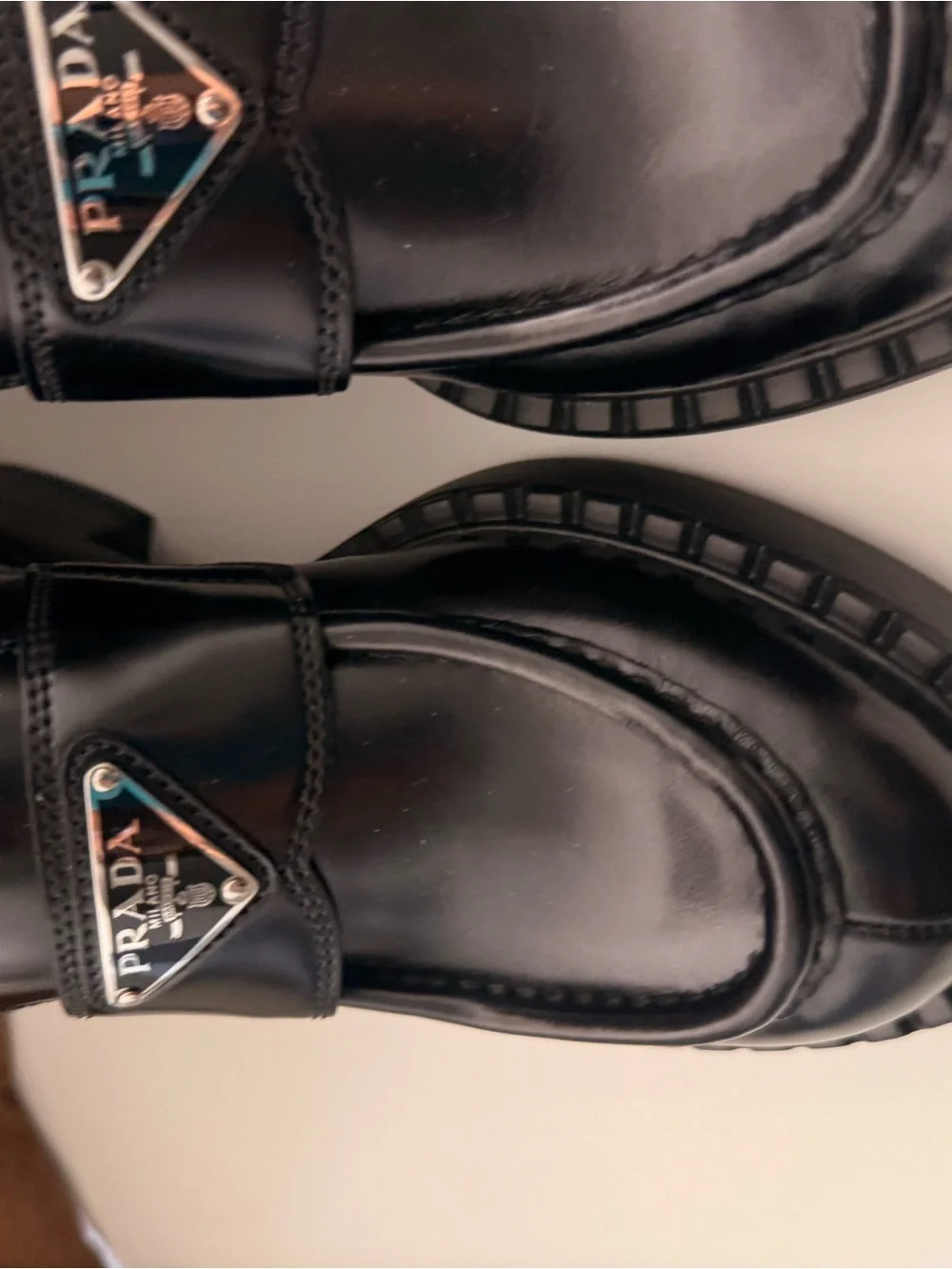 Prada Black Patent Leather Logo Penny Loafers